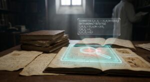 Interface digital holográfica analisando fórmulas químicas em manuscritos antigos com alerta de anomalia de dados