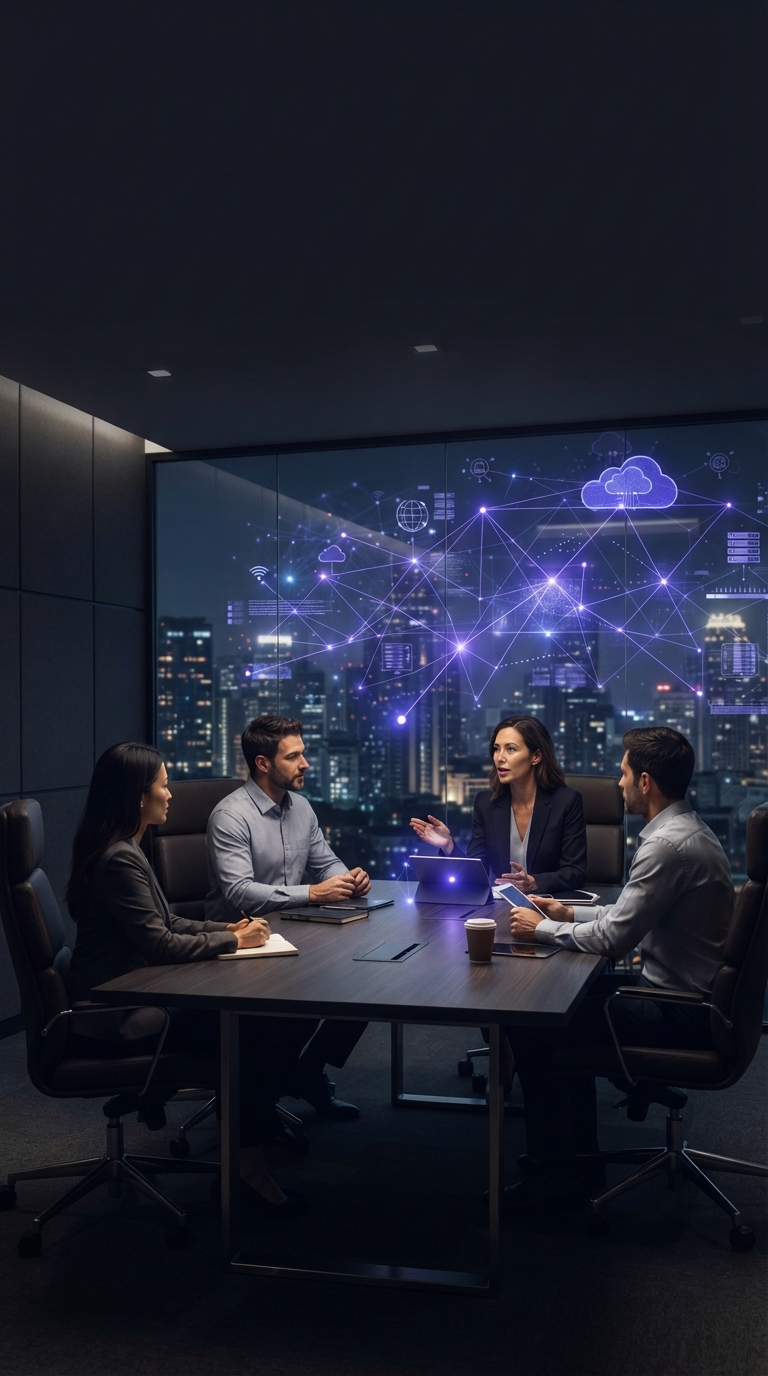 Cenário corporativo moderno com elementos gráficos de tecnologia.