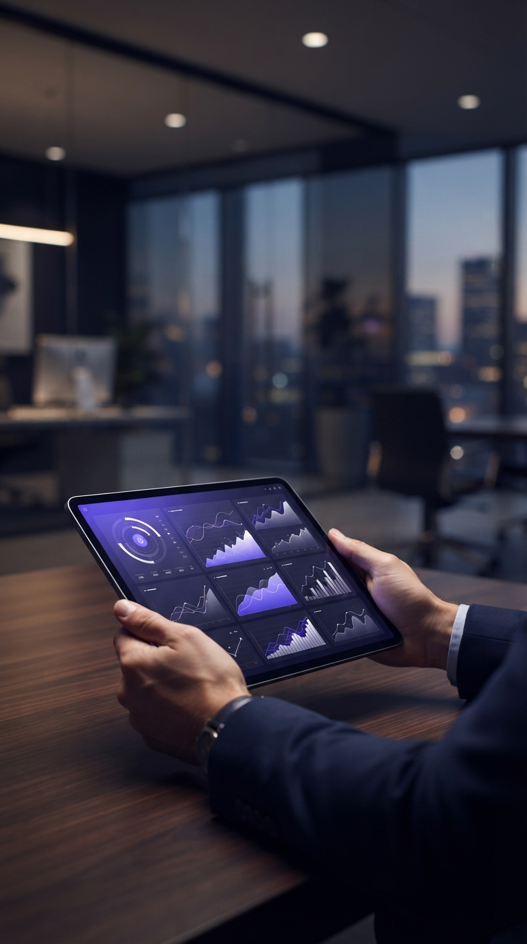Tablet com gráficos financeiros em escritório moderno.