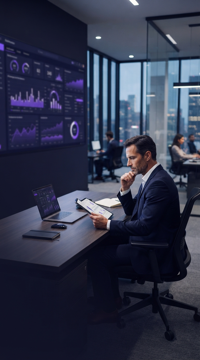 Visão abstrata de um escritório corporativo moderno com telas de dados financeiros ao fundo.