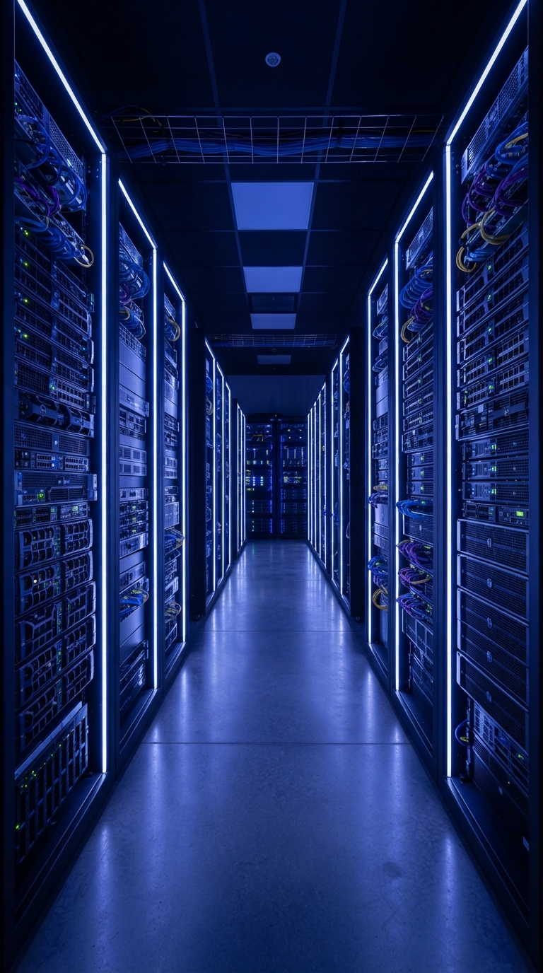 Data center moderno representando infraestrutura de tecnologia e IA.