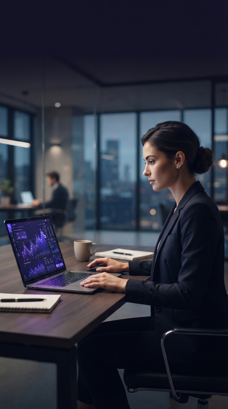 Gráficos financeiros em um computador em um escritório moderno.