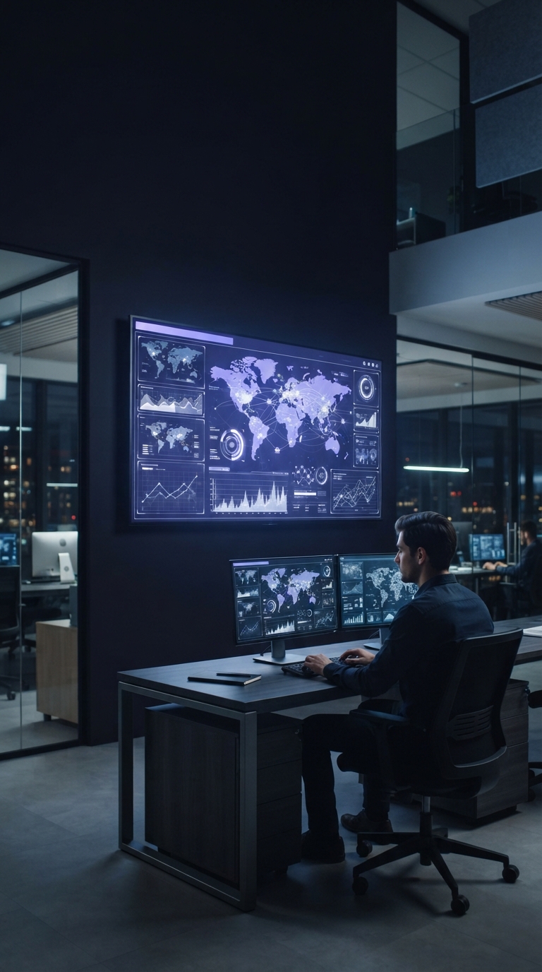Monitor com painel de cibersegurança em um escritório corporativo.