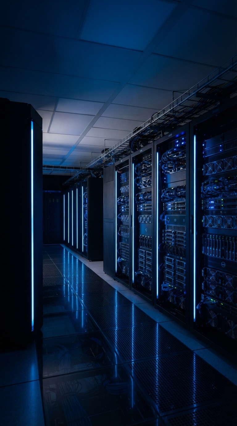 Servidores modernos com iluminação azul em um data center de alta tecnologia.