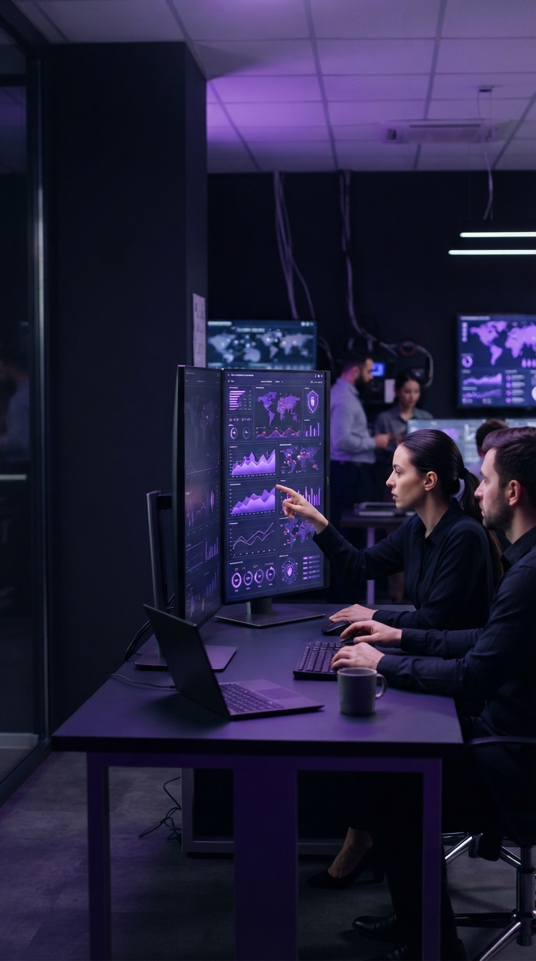 Monitor de computador exibindo gráficos de análise de dados financeiros e segurança digital.