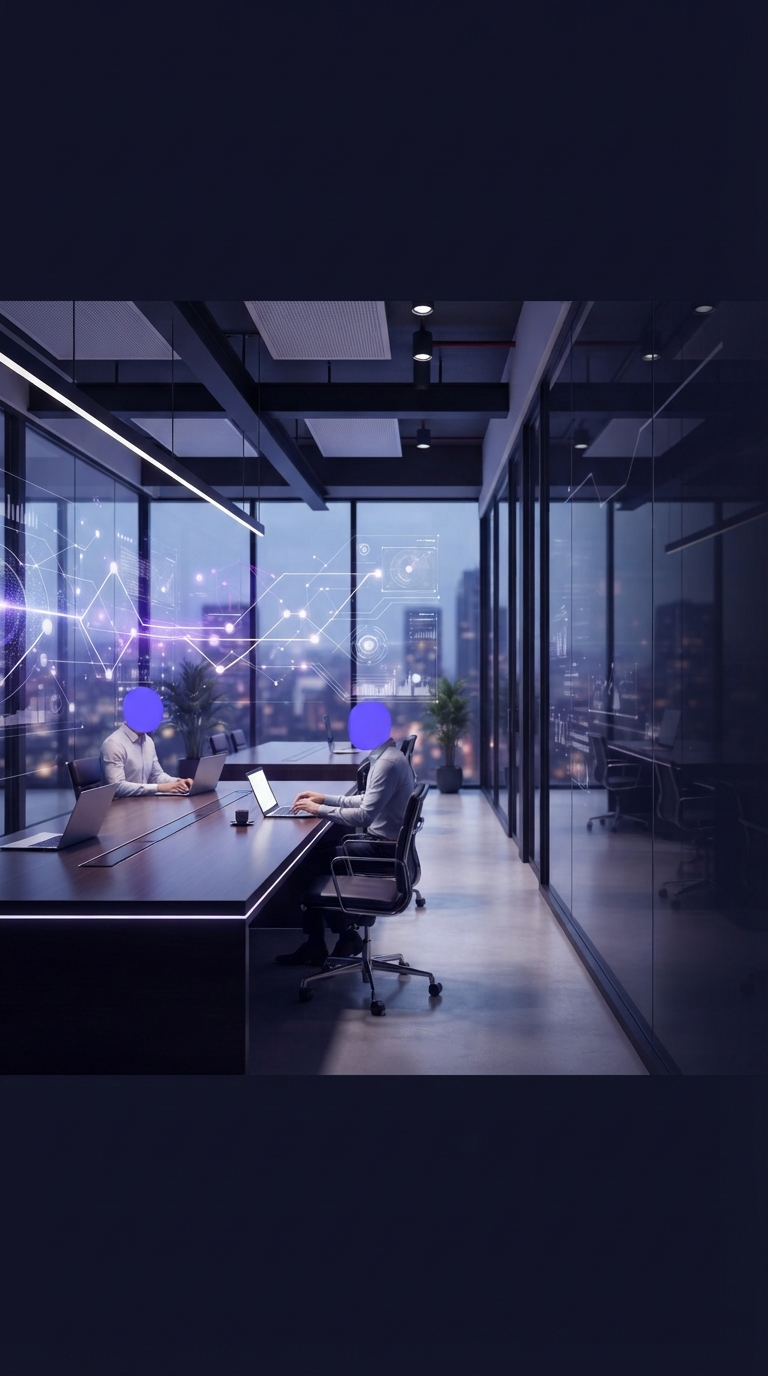 Interior de escritório moderno com visual tecnológico.