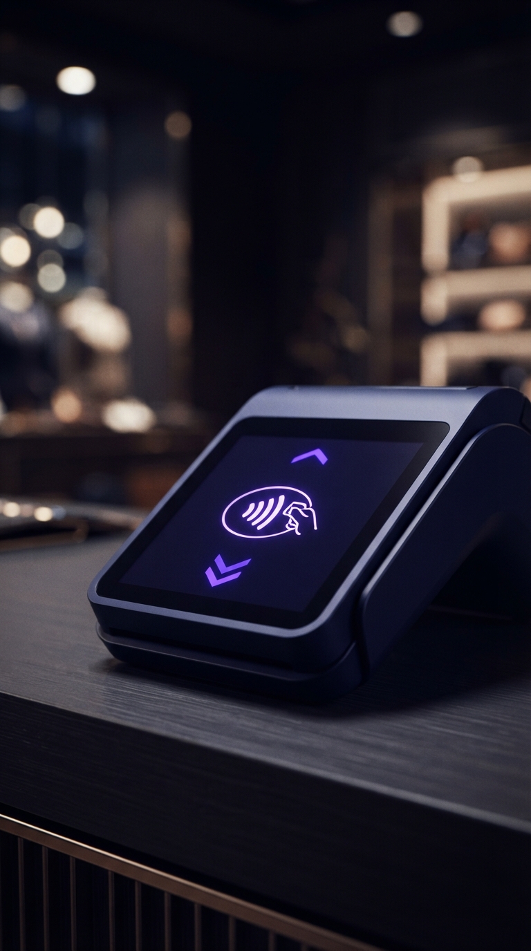 Terminal de pagamento por aproximação em ambiente comercial.