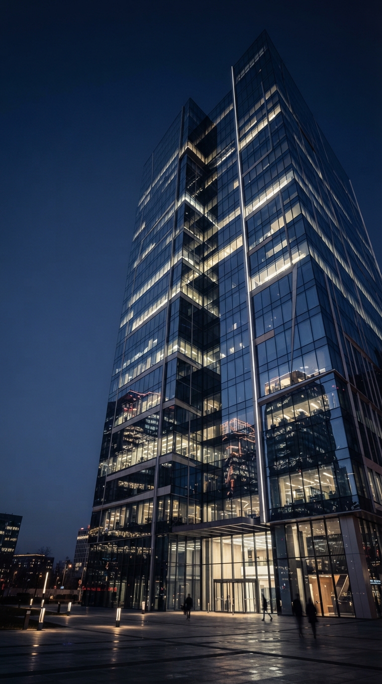 Edifício comercial moderno com reflexos, representando o ambiente corporativo e jurídico.