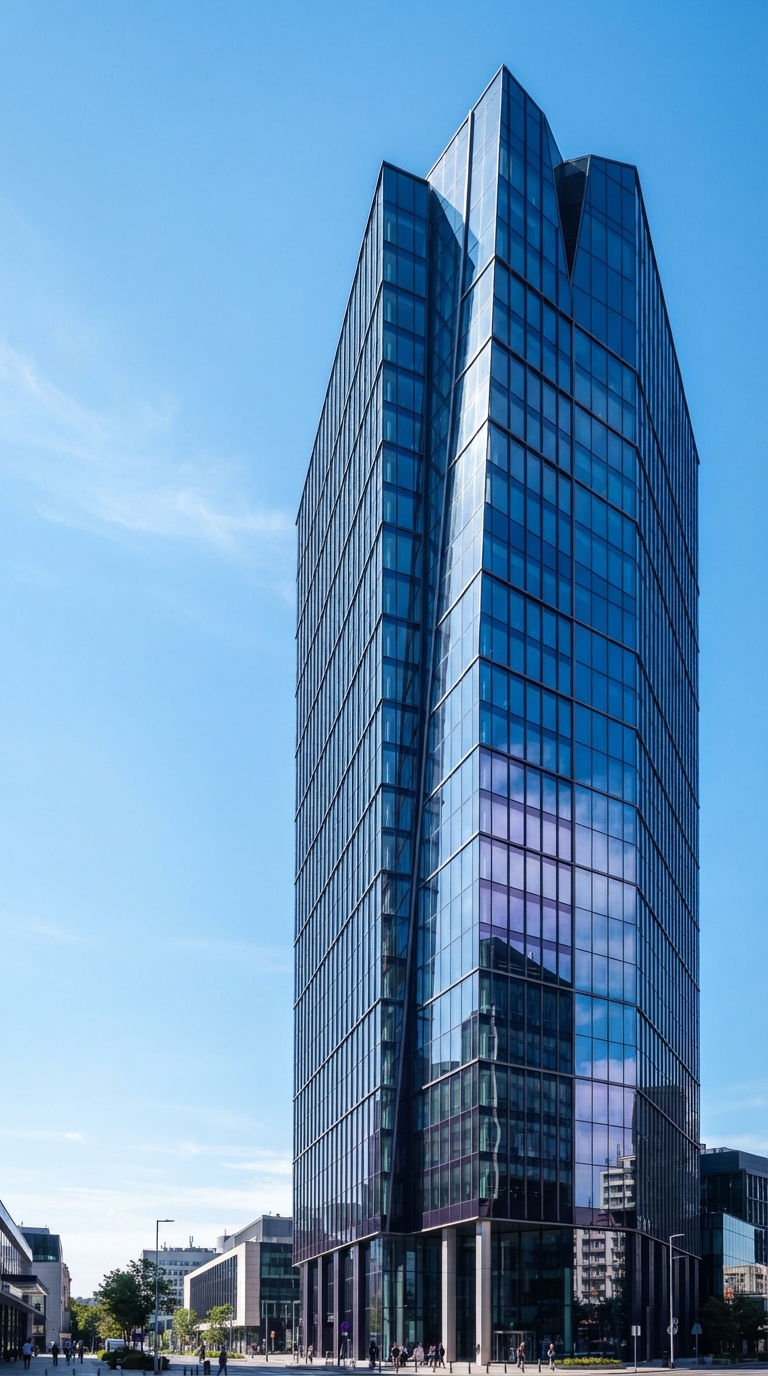 Fachada de um edifício comercial moderno e espelhado sob céu azul.