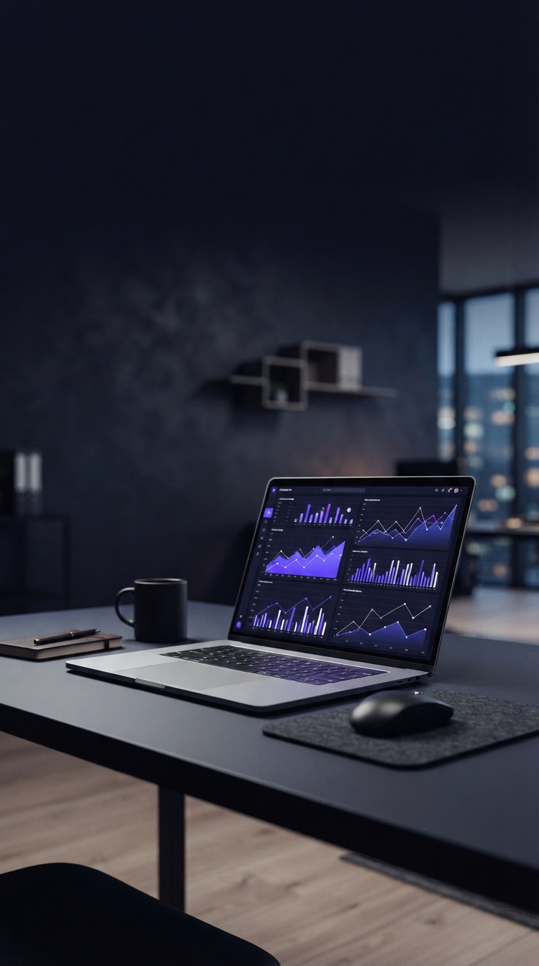Mesa de escritório moderna com notebook exibindo gráficos de dados.