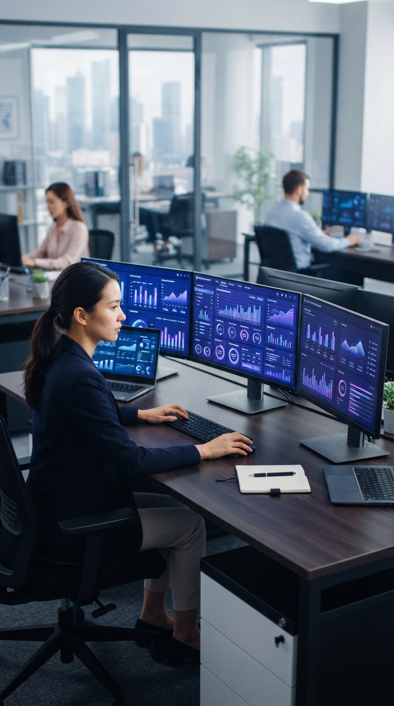 Monitores de computador exibindo dados analíticos em um escritório moderno.