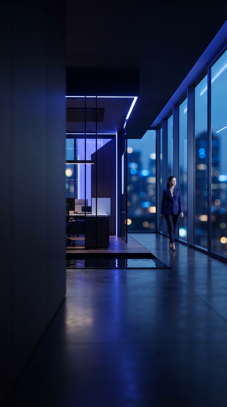 Escritório corporativo moderno com iluminação azul profissional.