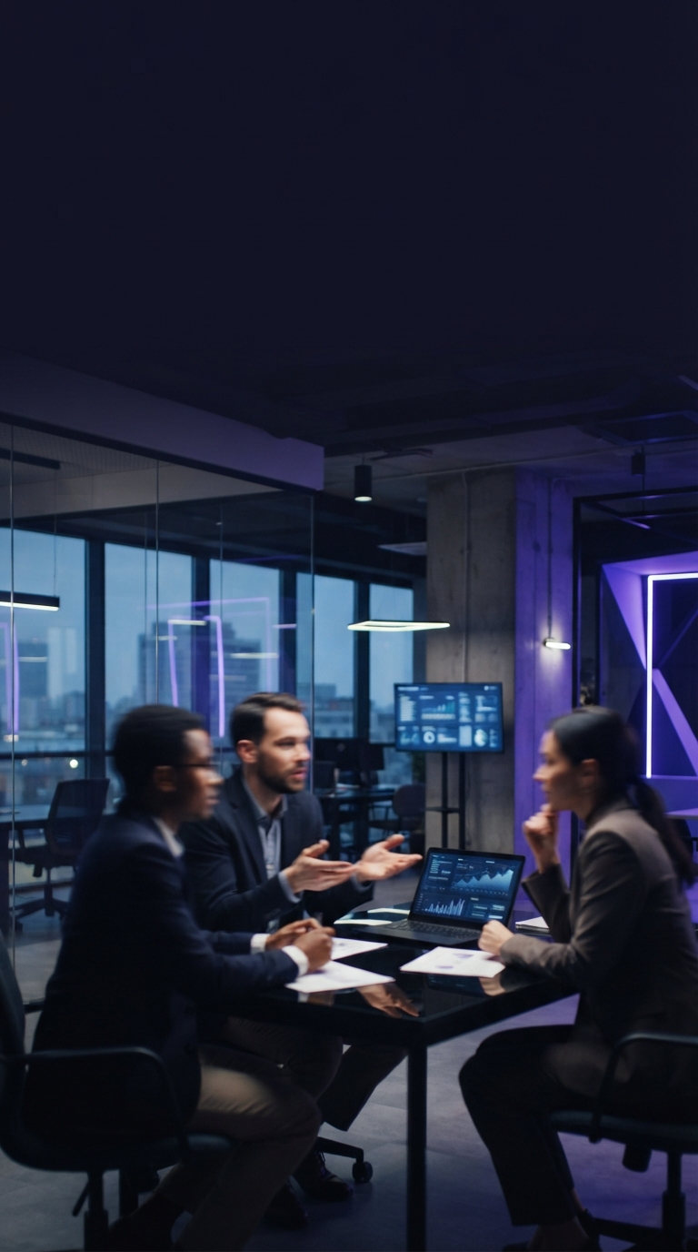 Ambiente corporativo moderno e colaborativo com foco em tecnologia.