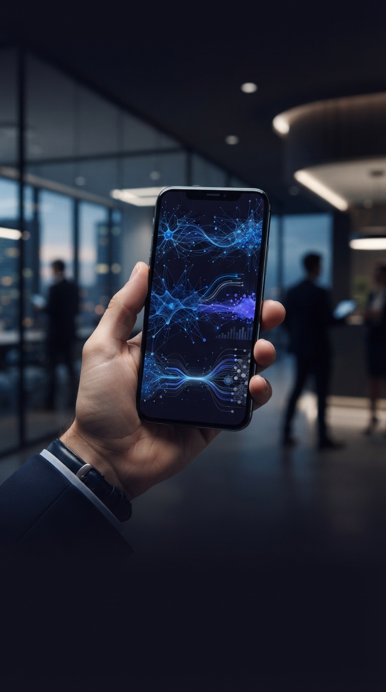 Smartphone com gráficos de inteligência artificial na tela.