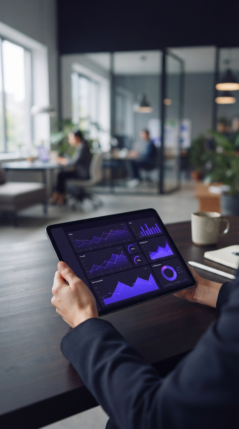 Tablet exibindo gráficos de análise de dados em um ambiente de escritório.
