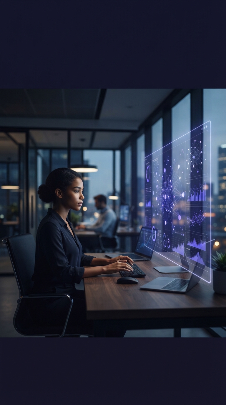 Escritório corporativo moderno com dashboards de dados digitais.