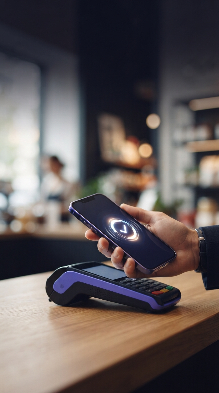 Smartphone sendo utilizado como terminal de pagamento por aproximação.