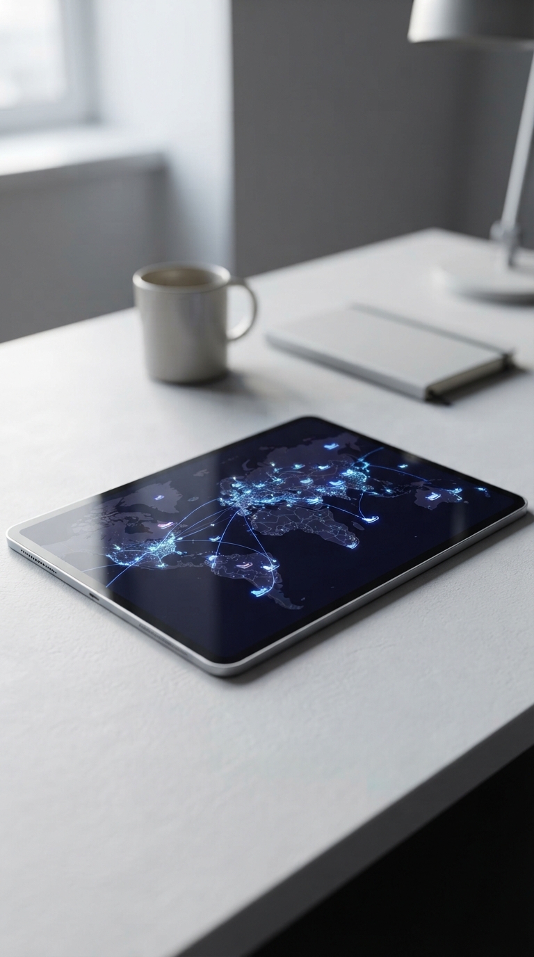Tablet exibindo mapa digital de rastreamento com interface moderna.
