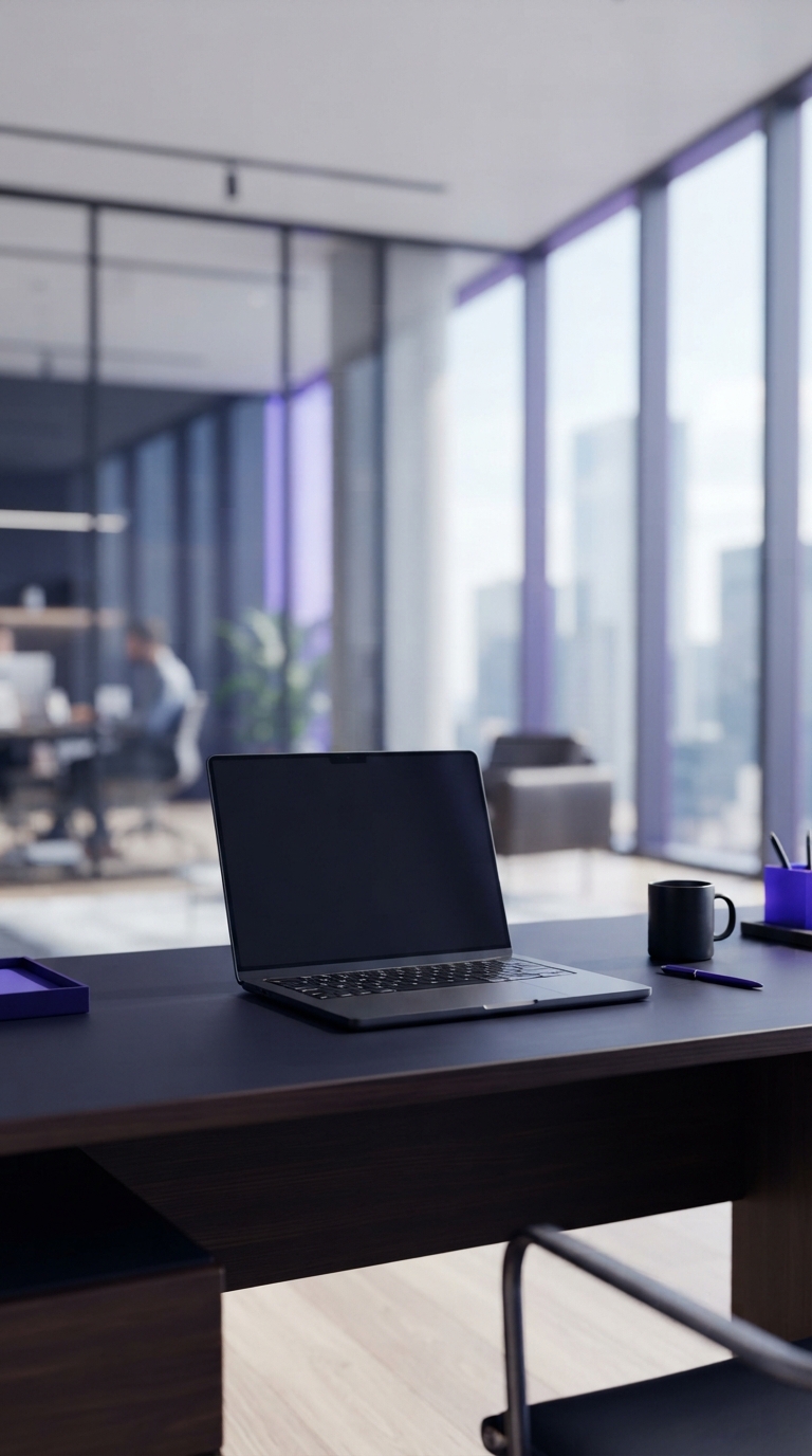 Mesa de escritório moderna com notebook limpo e iluminação natural.