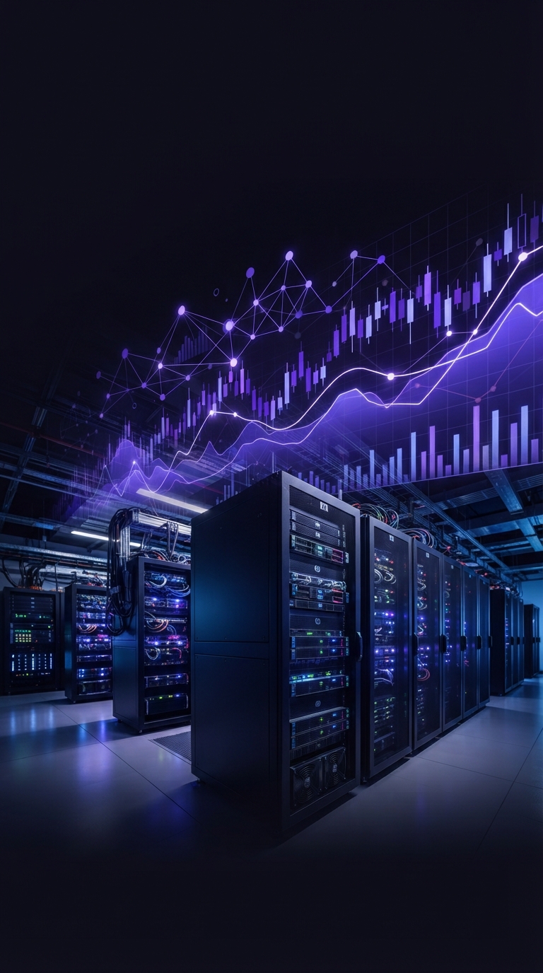 Gráficos financeiros sobrepostos a um centro de processamento de dados moderno.