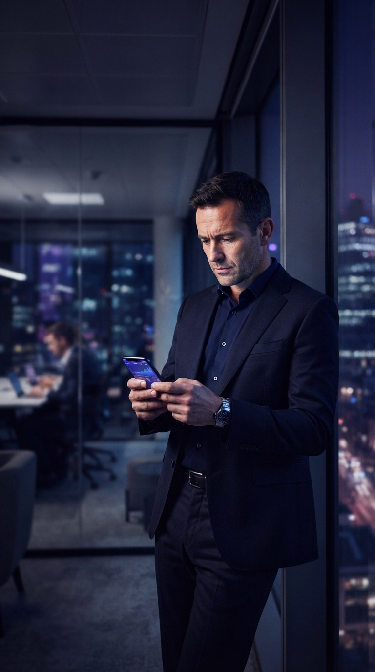 Homem de negócios preocupado olhando para celular em ambiente corporativo.