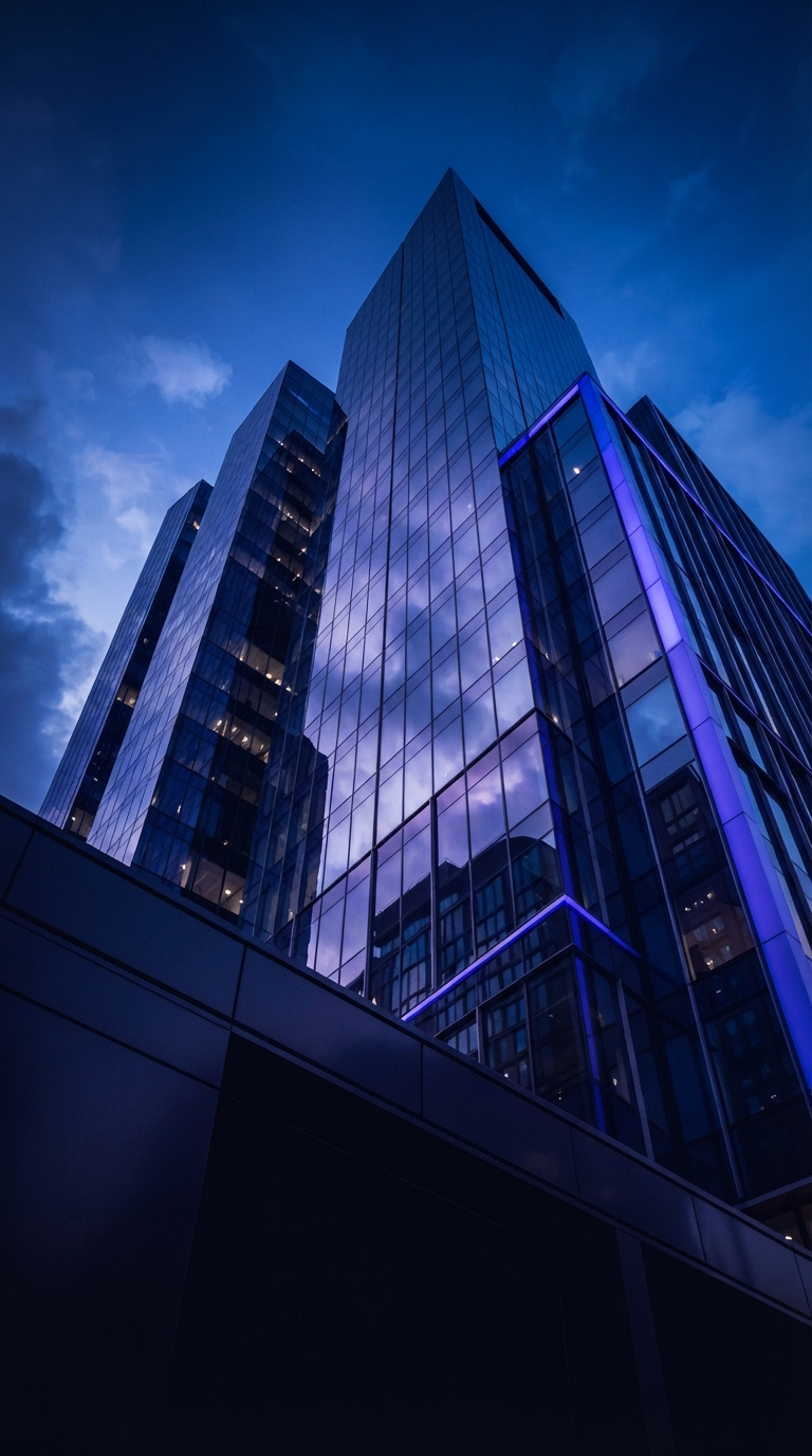 Fachada de prédio corporativo moderno com arquitetura em vidro.