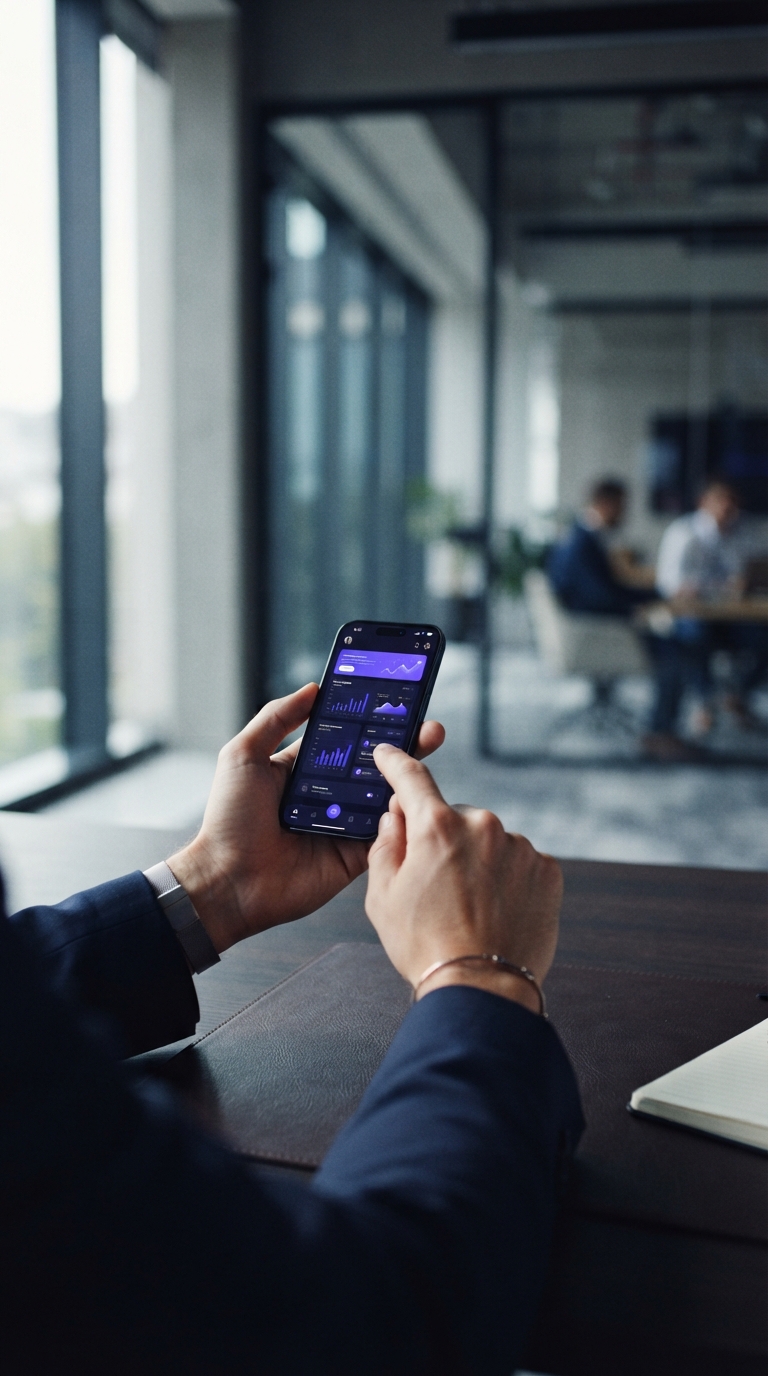 Mãos segurando smartphone em ambiente corporativo moderno.