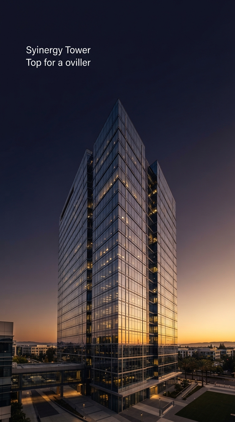 Edifício comercial moderno no Vale do Silício ao pôr do sol.