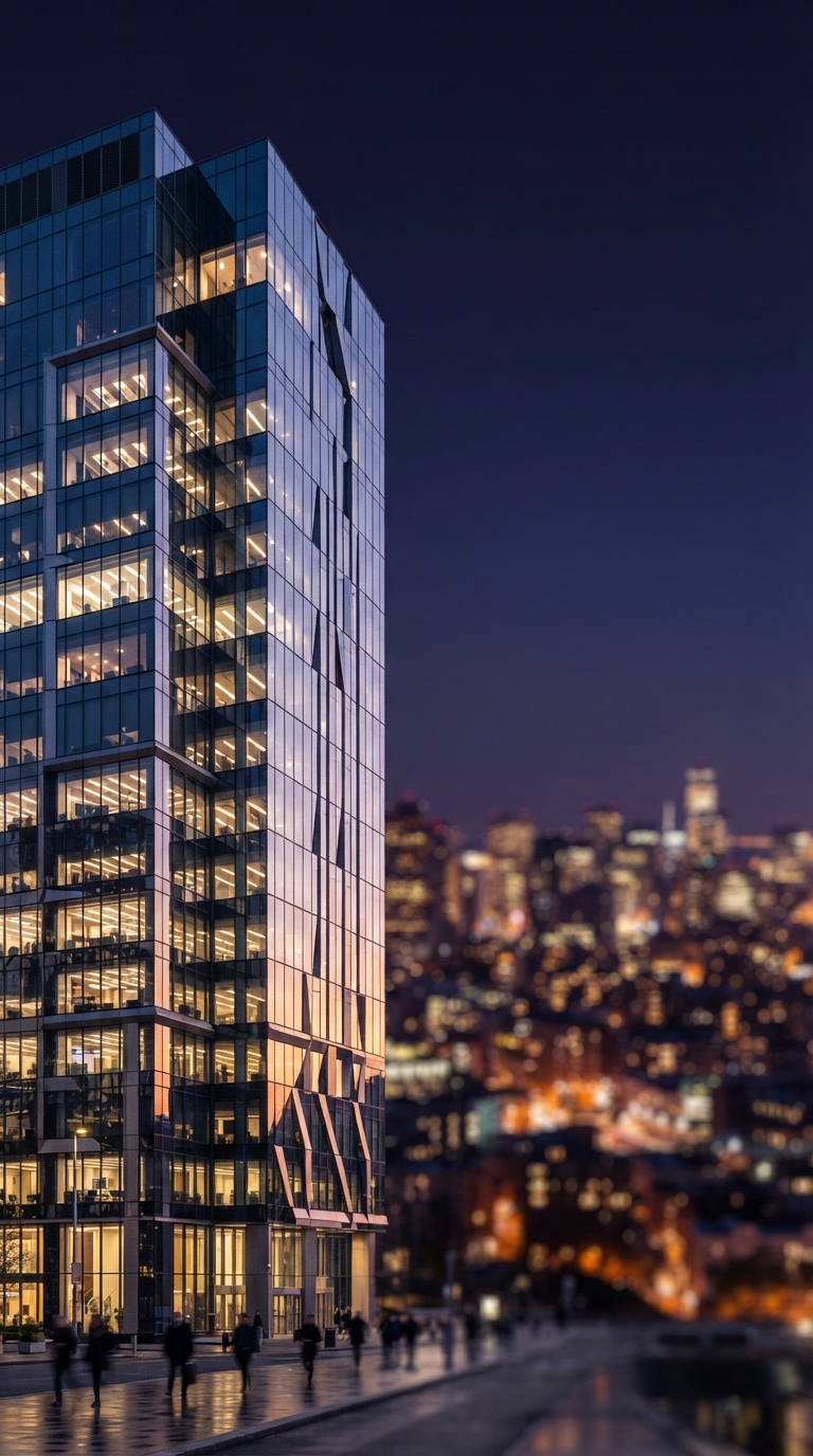 Edifício corporativo moderno ao entardecer representando o mercado financeiro.