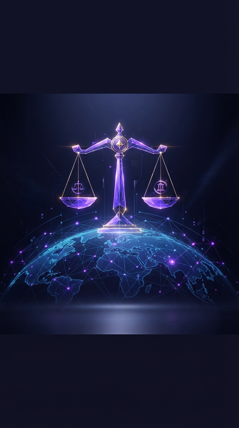 Balança da justiça sobre uma rede de conexões digitais.