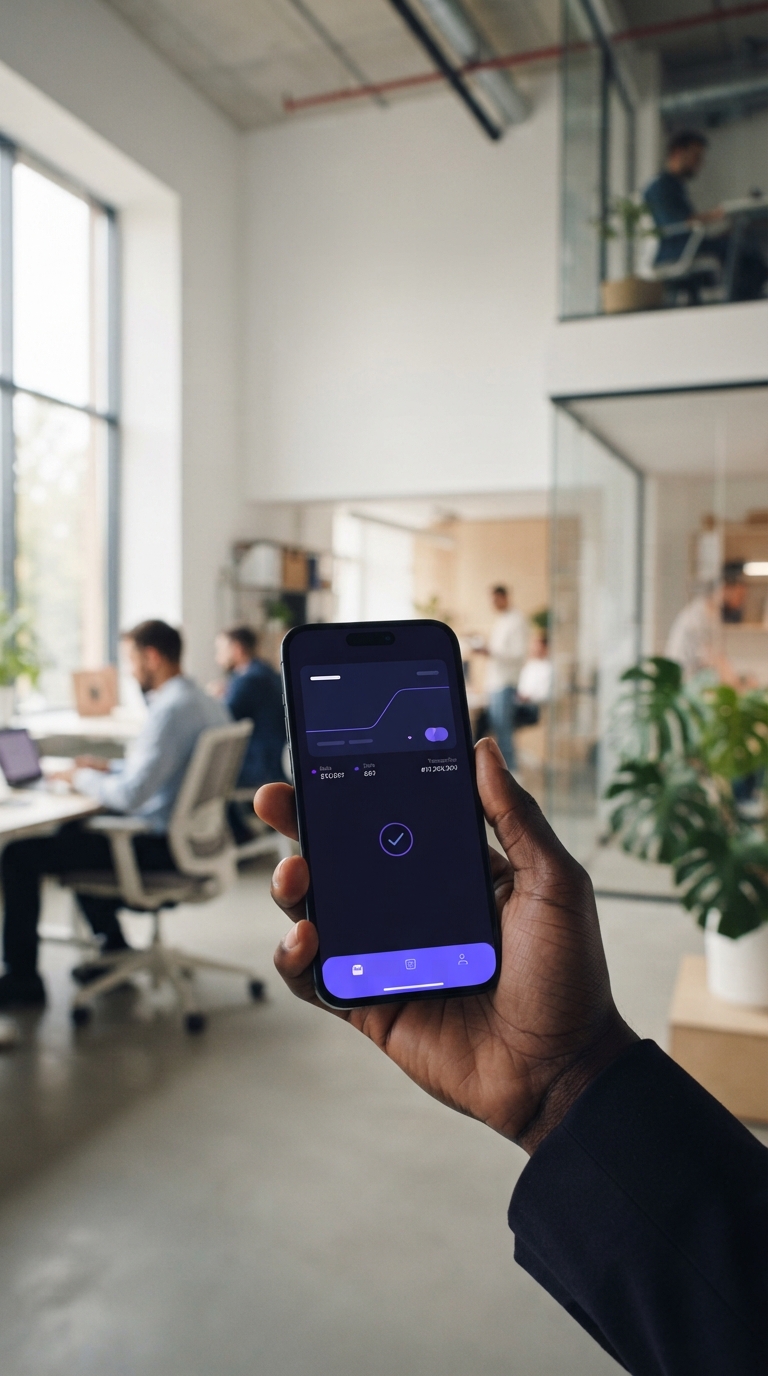 Smartphone com tela de pagamento digital em escritório moderno.