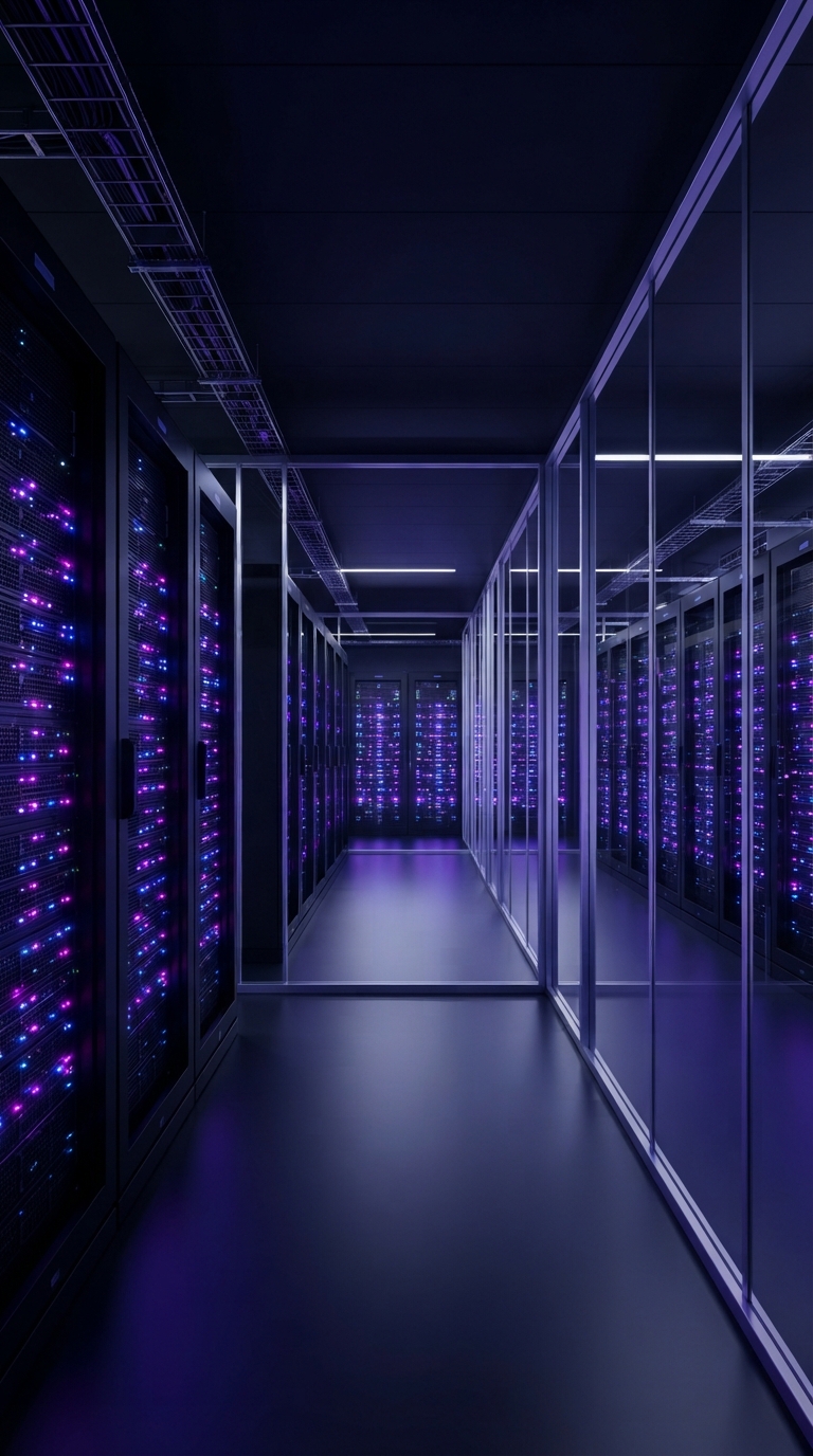 Interior de um data center moderno com luzes de servidores.
