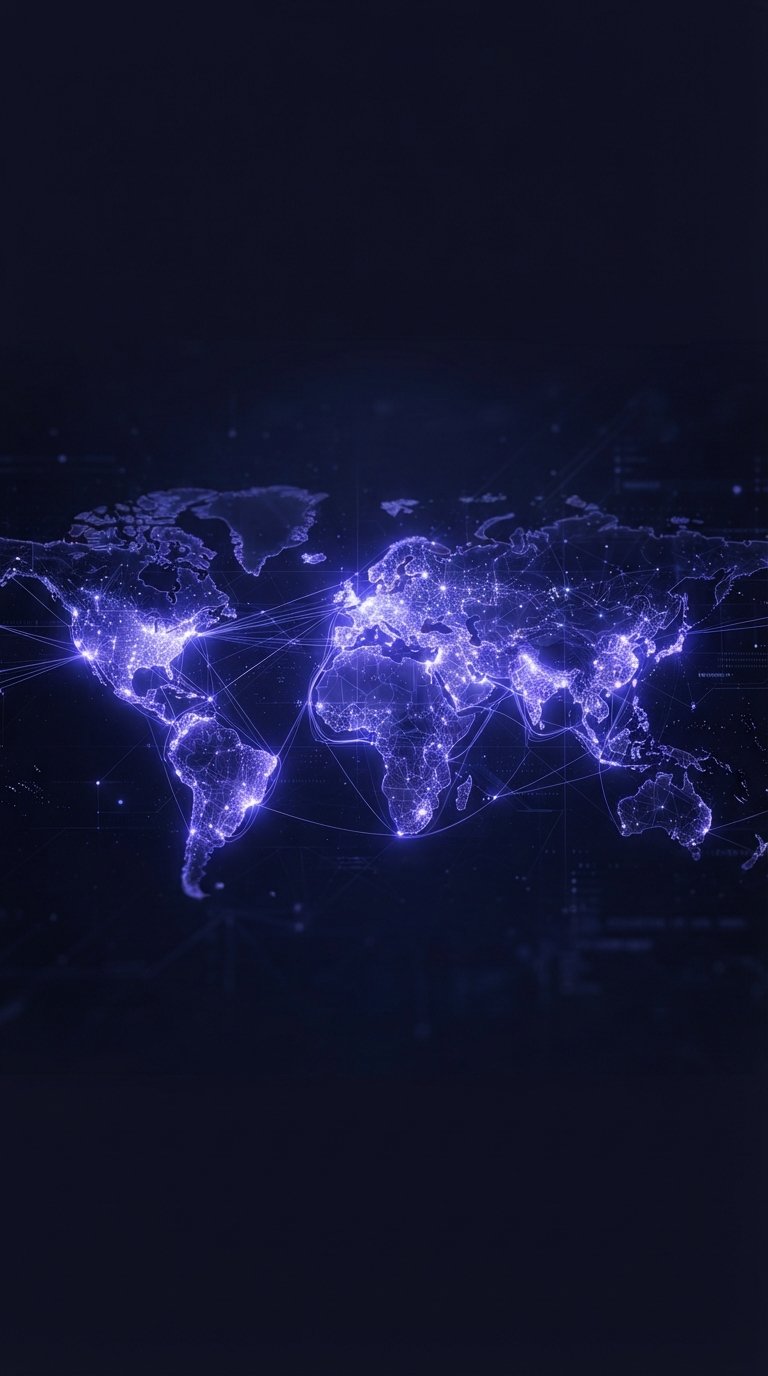 Mapa digital estilizado do mundo com pontos de conexão representando ciberataques.