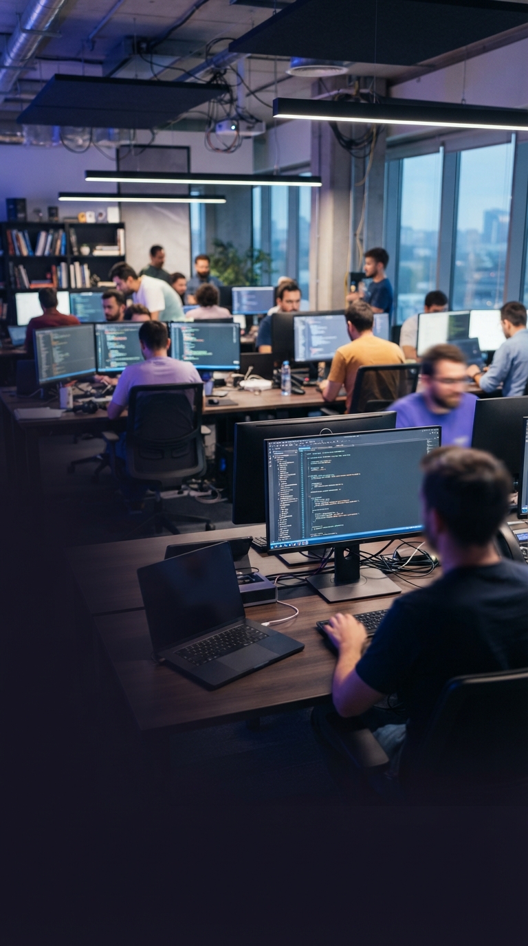 Ambiente de escritório tecnológico moderno com foco em inovação digital.