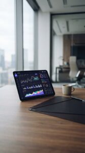 Escritório corporativo moderno com tablet exibindo gráficos financeiros.