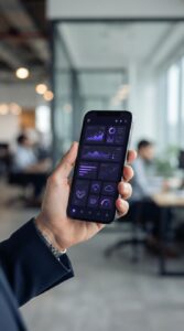 Smartphone com interface de negócios em ambiente corporativo