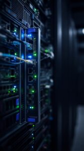 Servidor de dados corporativos com luzes indicando processamento de informações.
