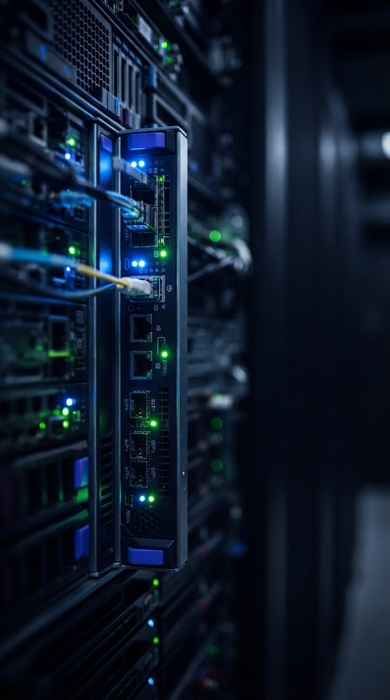 Servidor de dados corporativos com luzes indicando processamento de informações.