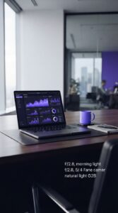 Mesa de escritório profissional com computador e gráficos analíticos.