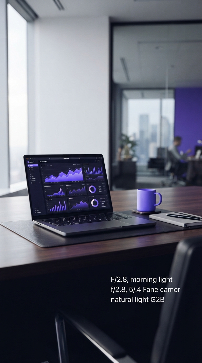 Mesa de escritório profissional com computador e gráficos analíticos.