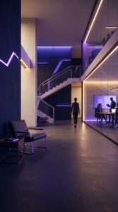 Escritório corporativo moderno com ambiente tecnológico.