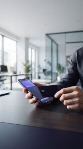 Smartphone e cartão de crédito em um ambiente de escritório moderno.