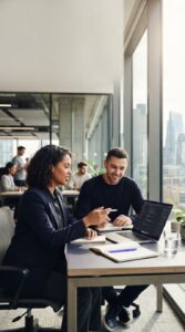 Ambiente corporativo moderno e iluminado focando em colaboração humana.