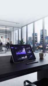 Tablet sobre mesa de escritório exibindo gráficos financeiros digitais