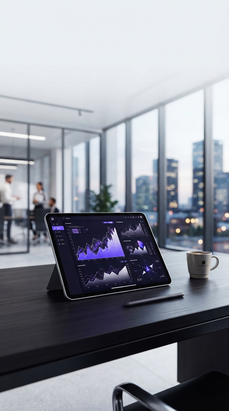 Tablet sobre mesa de escritório exibindo gráficos financeiros digitais