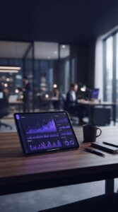 Tablet exibindo gráficos financeiros em mesa de escritório.