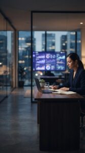Ambiente de escritório moderno e profissional com foco em tecnologia e análise de dados.