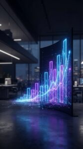 Representação digital de crescimento financeiro com gráficos de luz.