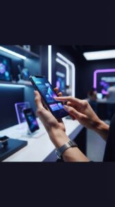 Pessoa utilizando um smartphone próximo a uma vitrine de loja física.