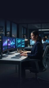 Profissional trabalhando em frente a monitores com gráficos de dados digitais.